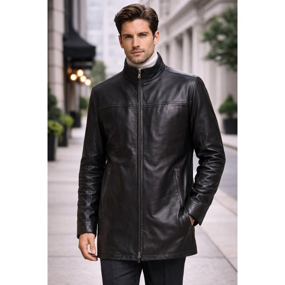 ALFANI Men’s Dark Brown Genuine Leather Jacket XL Zip Up Classic Minimalist Coat